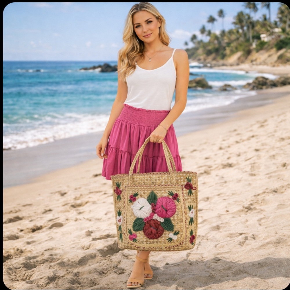 HUGE Vintage Floral Raffia Embroidered Straw Tote Bag